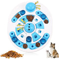 Blue dog puzzle toy with 24 food compartments and spherical bells on a flat surface