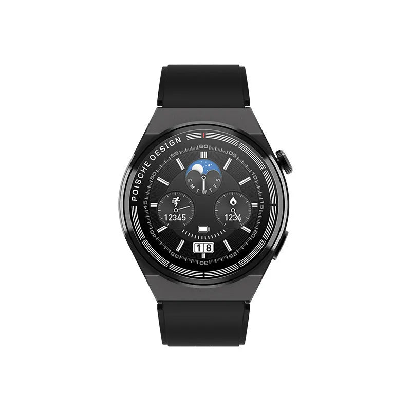 Black Bluetooth smartwatch with 1.39 inch screen showing NFC and blood sugar monitor features