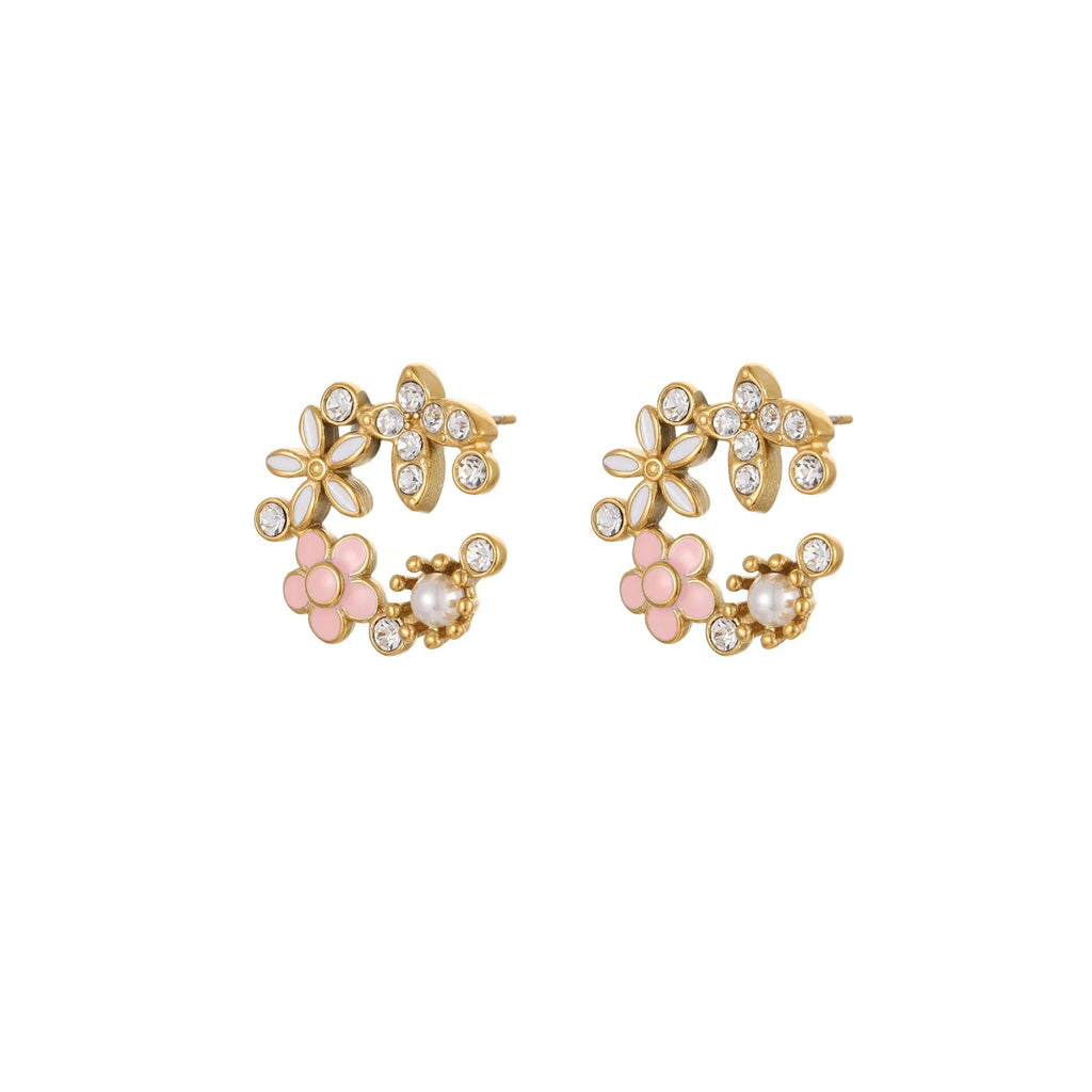 Women's floral stud earrings with petal design in electroplated finish on stainless steel