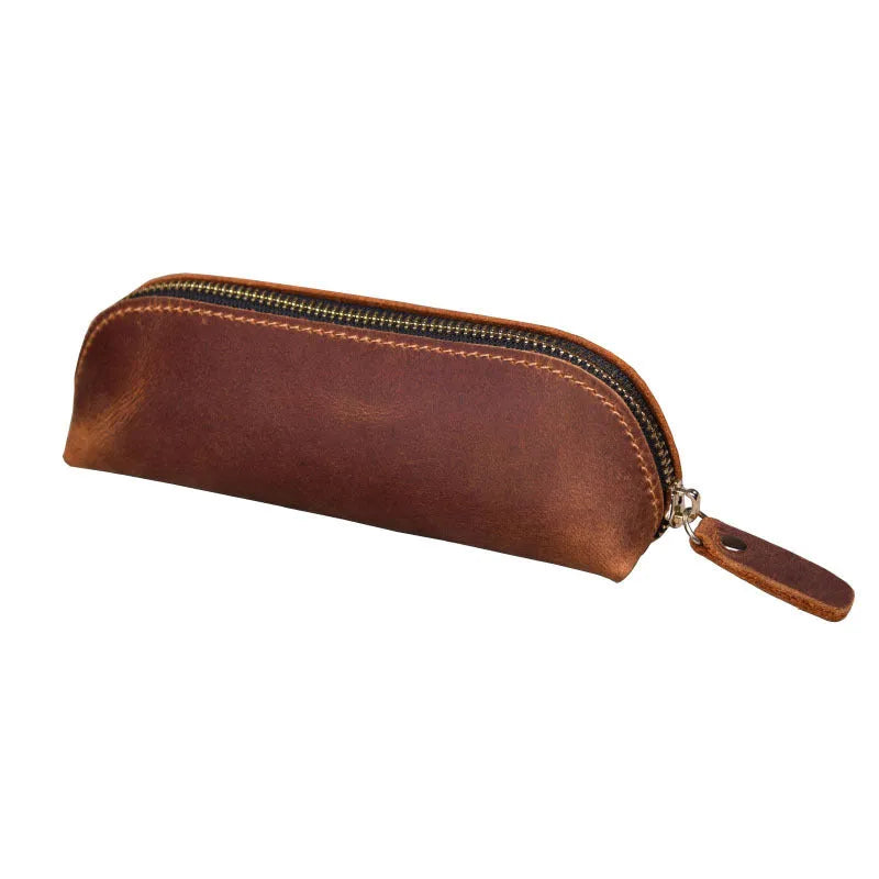 Genuine cowhide leather rectangular pencil case with zipper closure