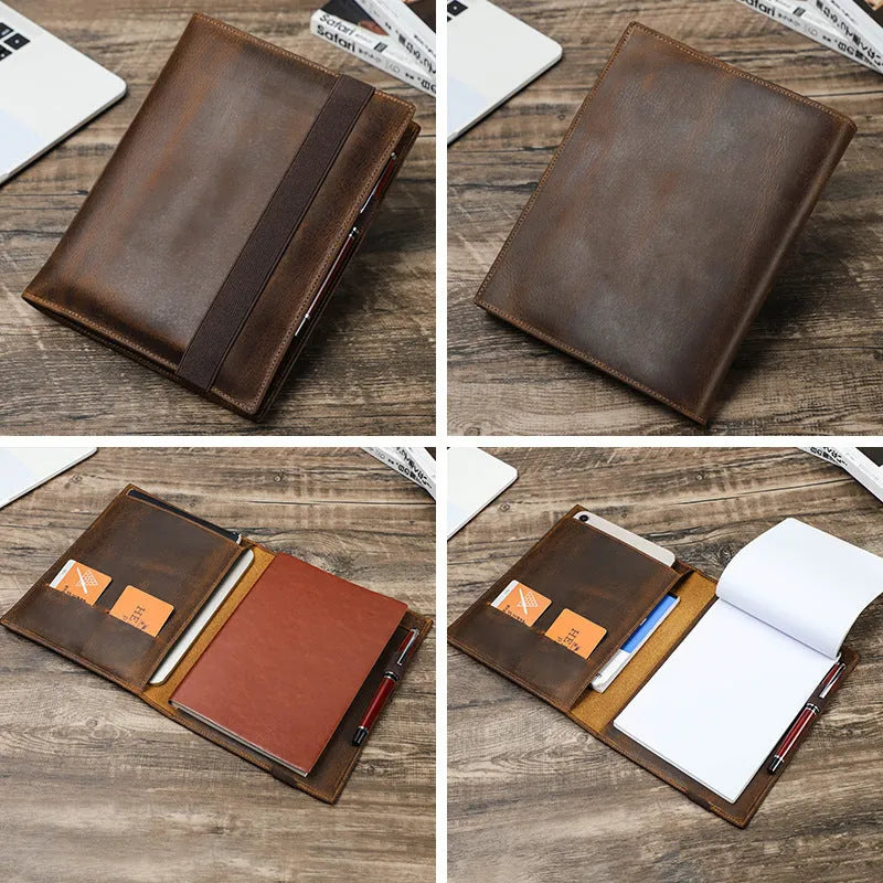 Brown Crazy Horse leather protective sleeve for an A5 paper notebook.