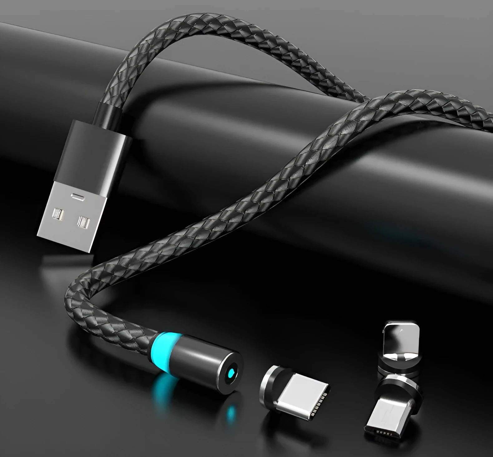 Gold magnetic phone charging cable with breathing light, showing detachable magnetic heads for Apple Lightning and TYPE-C connectors.