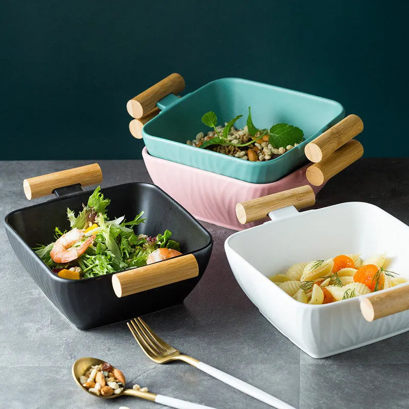 Irregular shaped porcelain ceramic bowl with lid in modern design, available in multiple colours