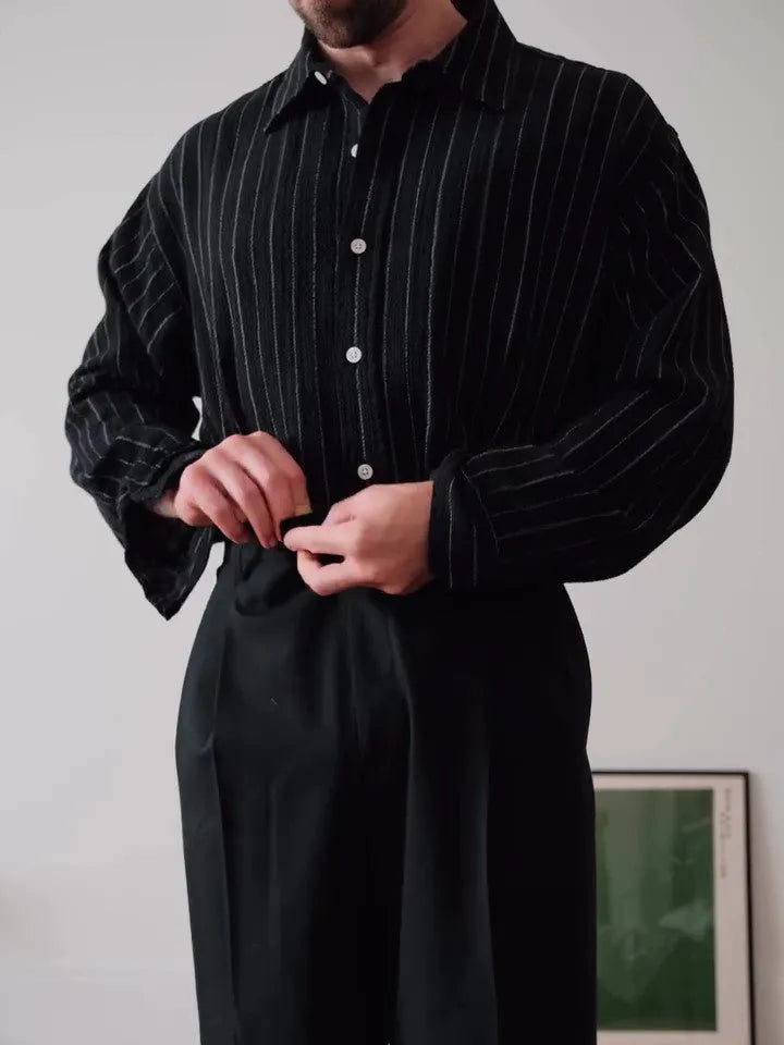 Black pinstripe button-down shirt with regular fit and long sleeves