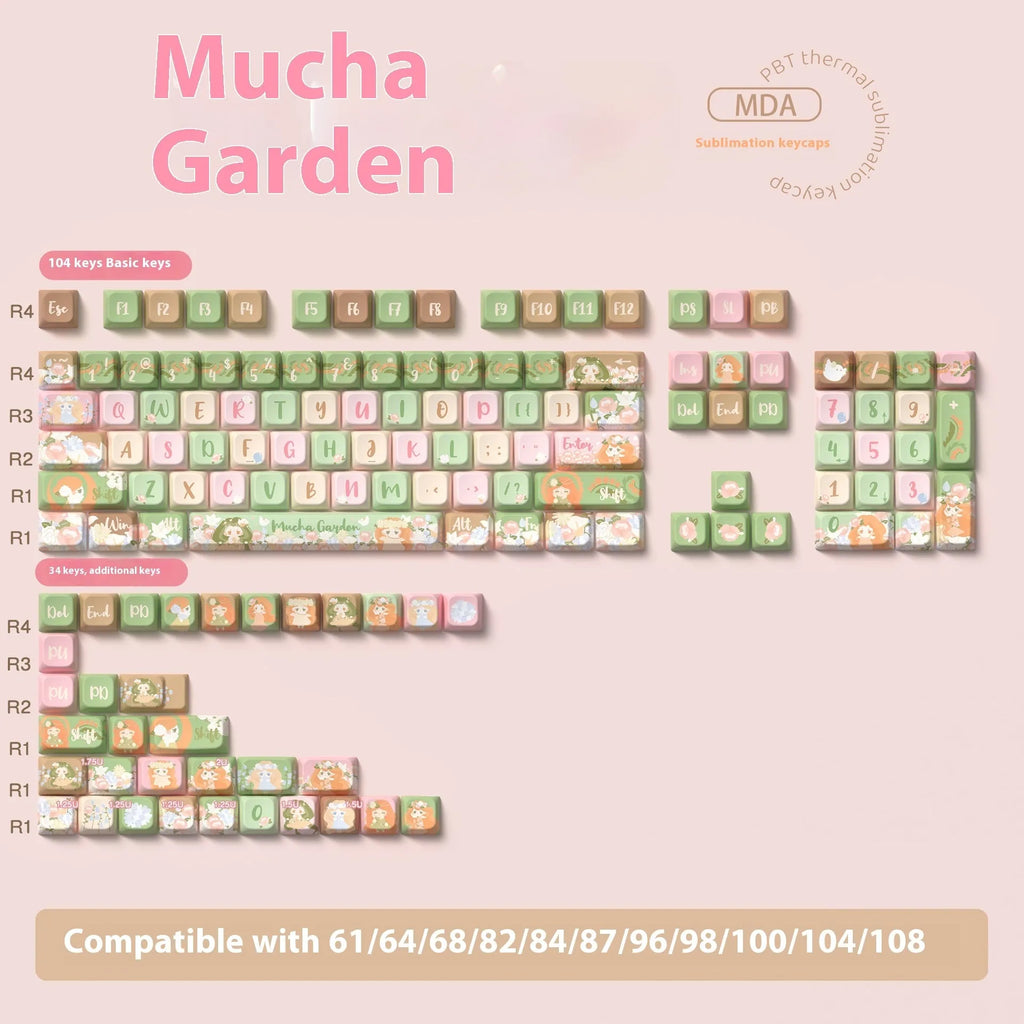 Sublimated summer garden floral design key cap set for mechanical keyboards, shown in 138-key and 158-key options.