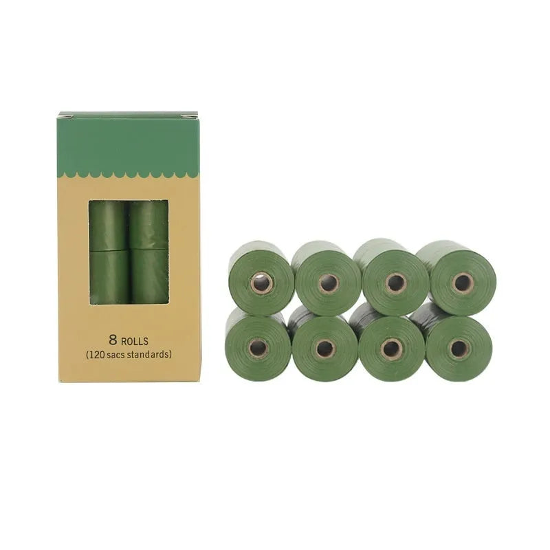 Degradable pet waste bags in green, black, blue, purple and orange colours with dispenser
