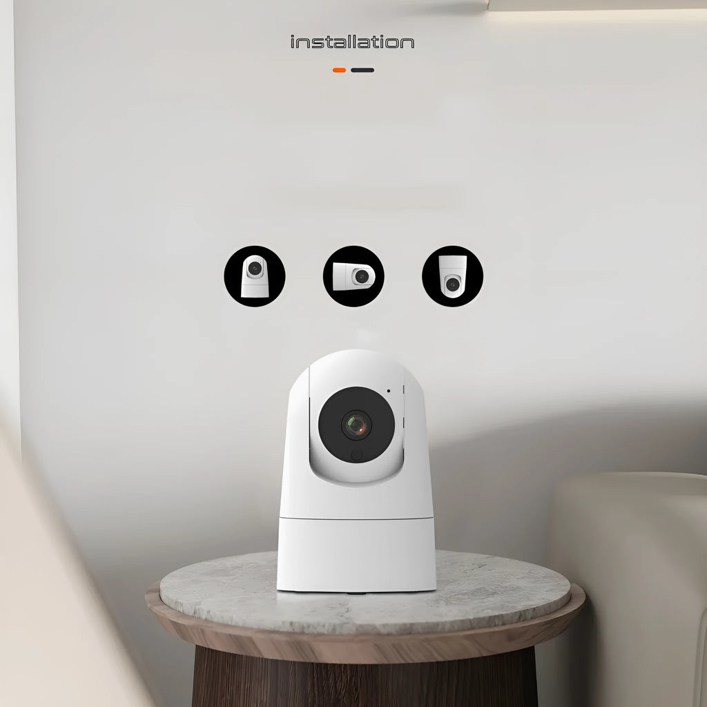 White indoor pan tilt security camera with lens on a circular base, showing 1080p and two-way voice labels.