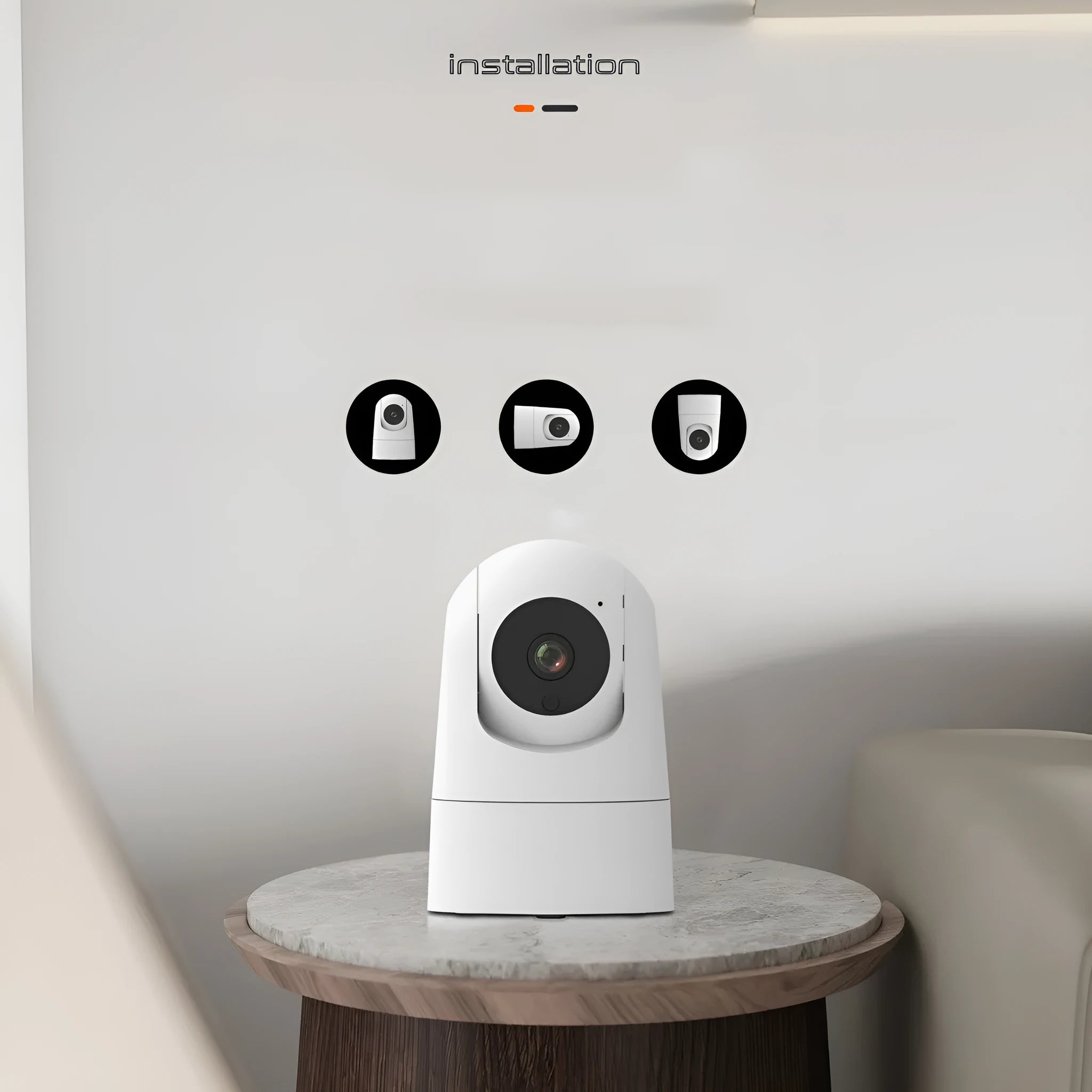 White indoor pan tilt security camera with lens on a circular base, showing 1080p and two-way voice labels.