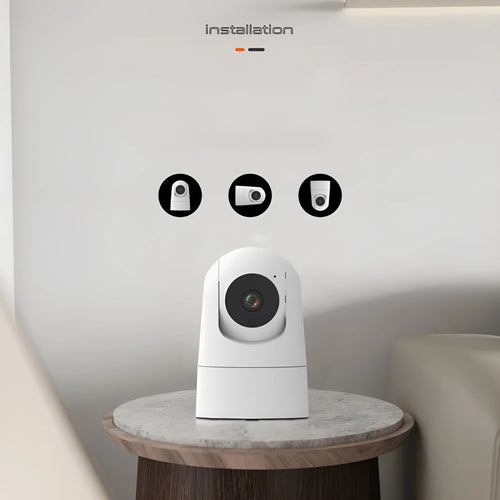 White indoor pan tilt security camera with lens on a circular base, showing 1080p and two-way voice labels.