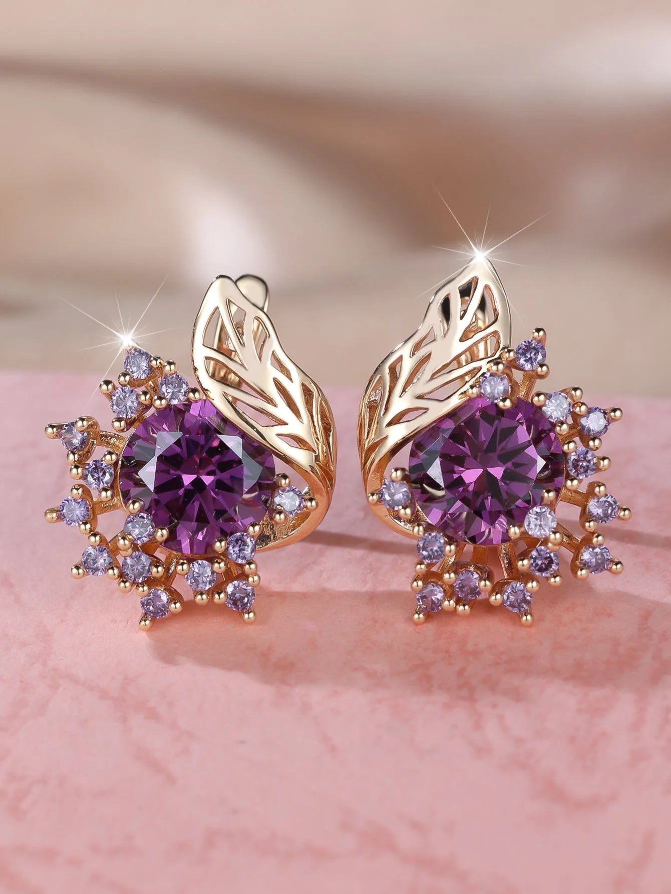 Women's round flowers feather zircon earrings with champagne gold electroplating and six gemstone colour options