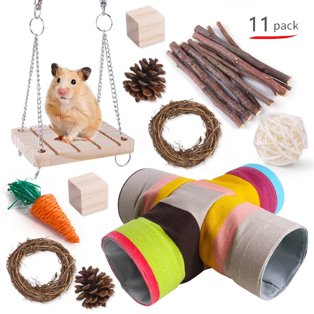 Assortment of wooden pet toys for rabbits guinea pigs and parrots in a set