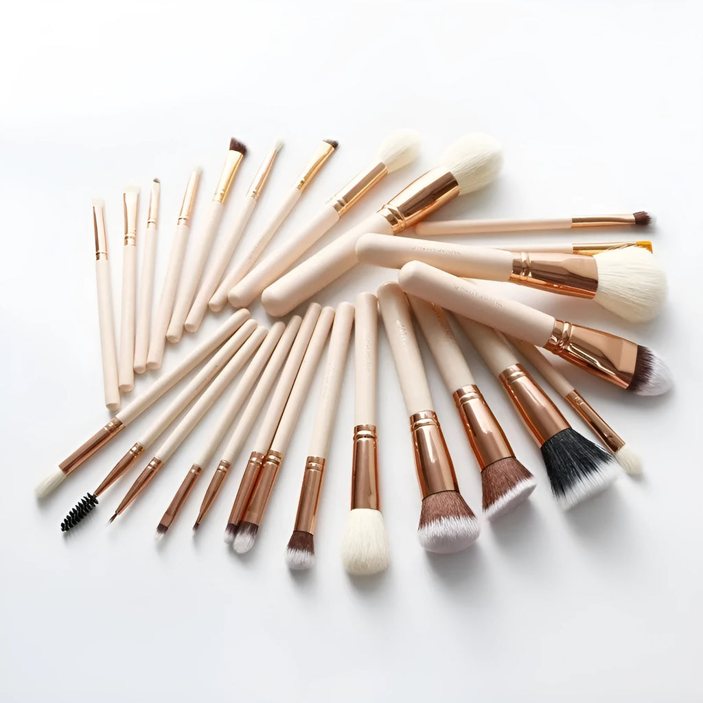 26 piece pink makeup brush set with wooden handles in a PU storage bag