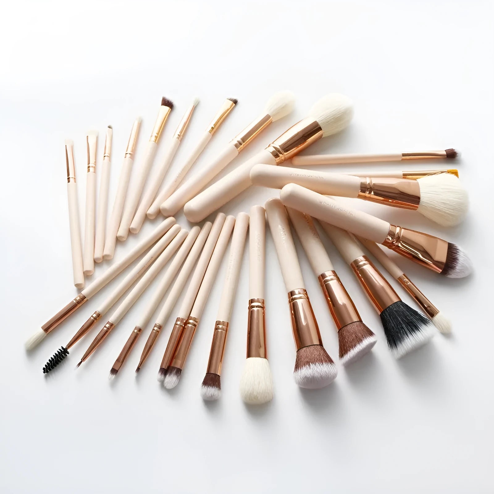 26 piece pink makeup brush set with wooden handles in a PU storage bag