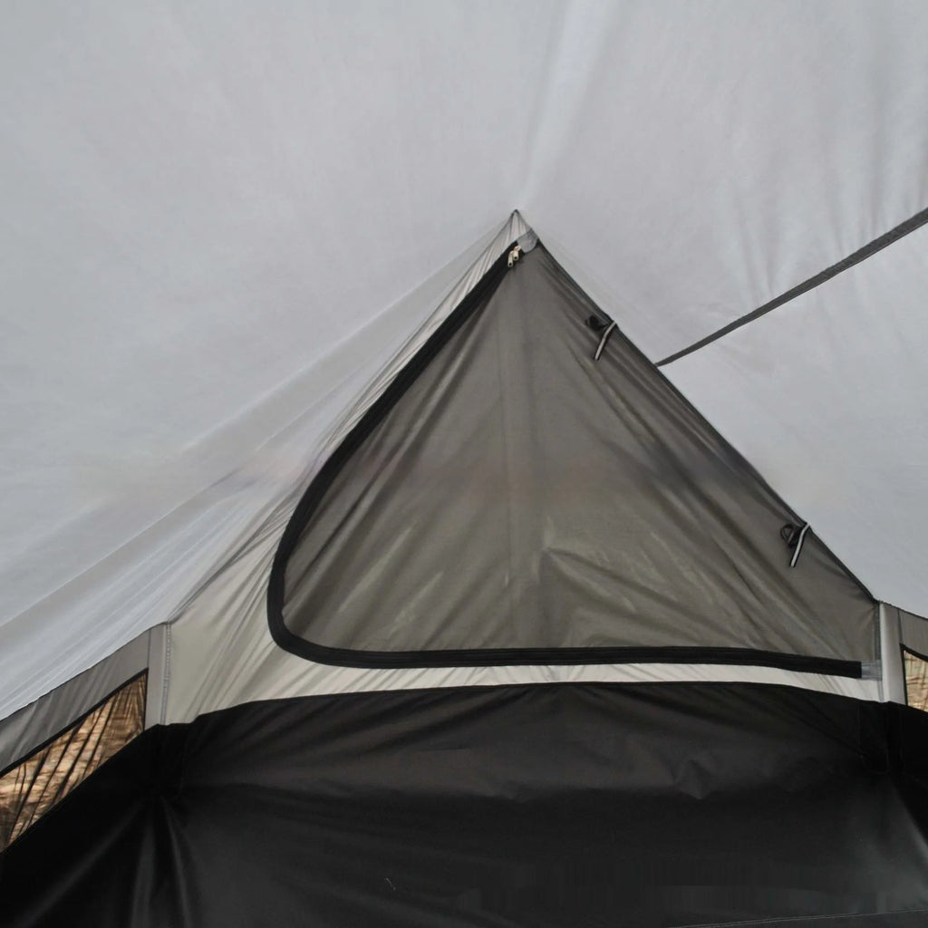 Brown or white A-line cabin tent using hiking canes for support with dimensions 210x150x110cm