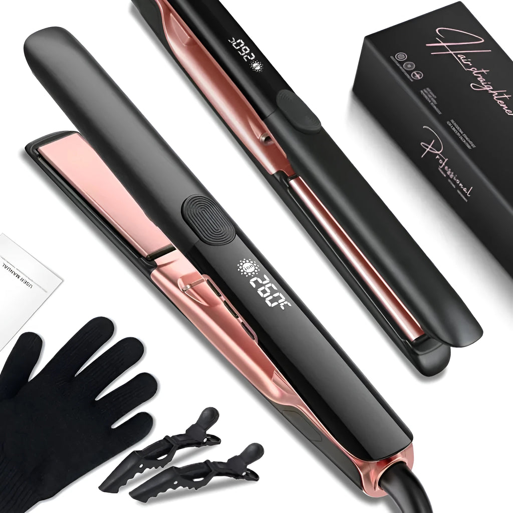 Hair straightener with digital temperature display showing 207℃ and EU plug