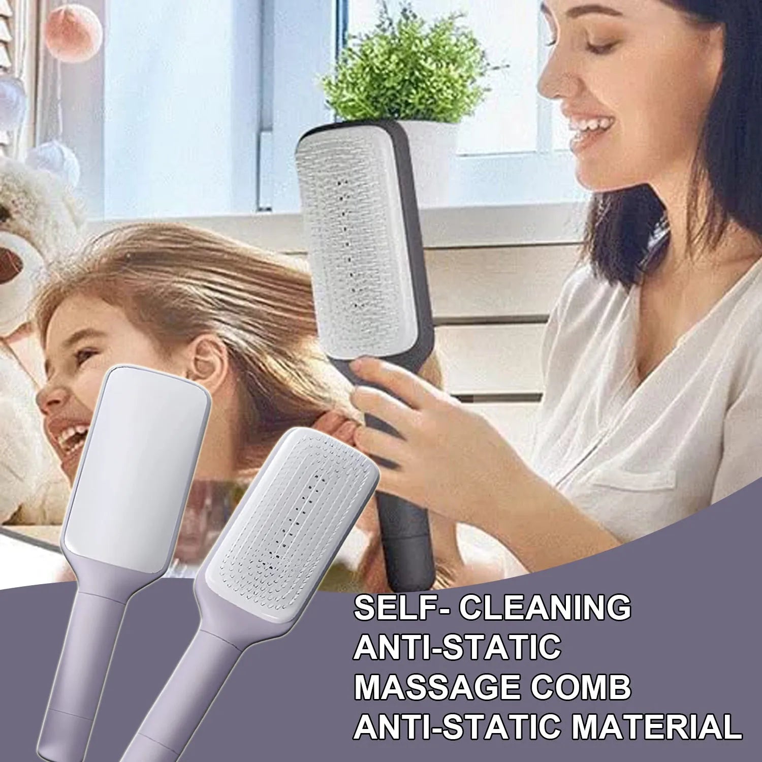 Roland purple and lunar rock grey self-cleaning hair brush with anti-static massage comb teeth.
