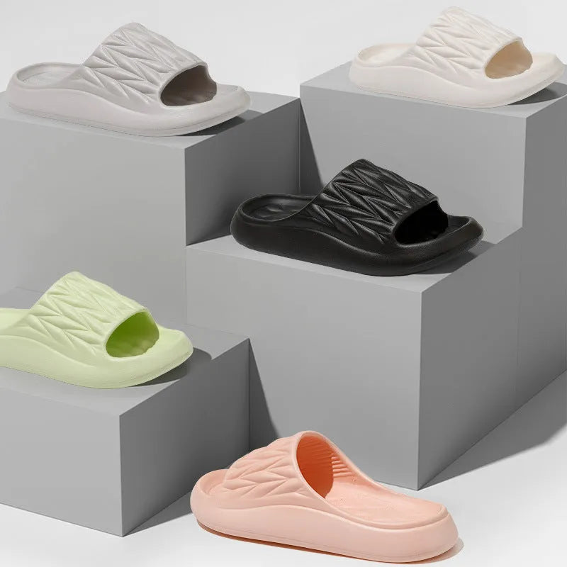 Leaf texture design EVA slippers for indoor use, shown in available colours.