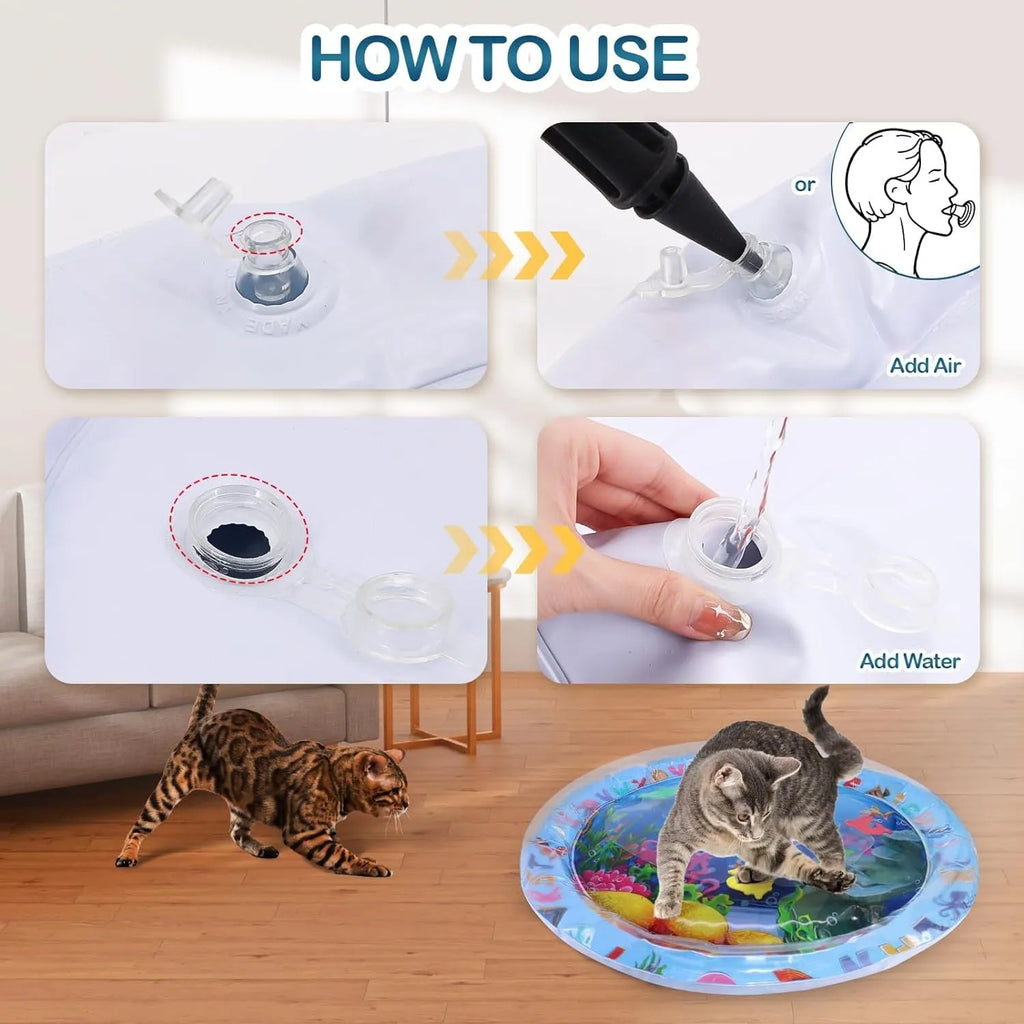 Thickened PVC water playmat for cats with ocean fish design and floating toys on a blue surface.