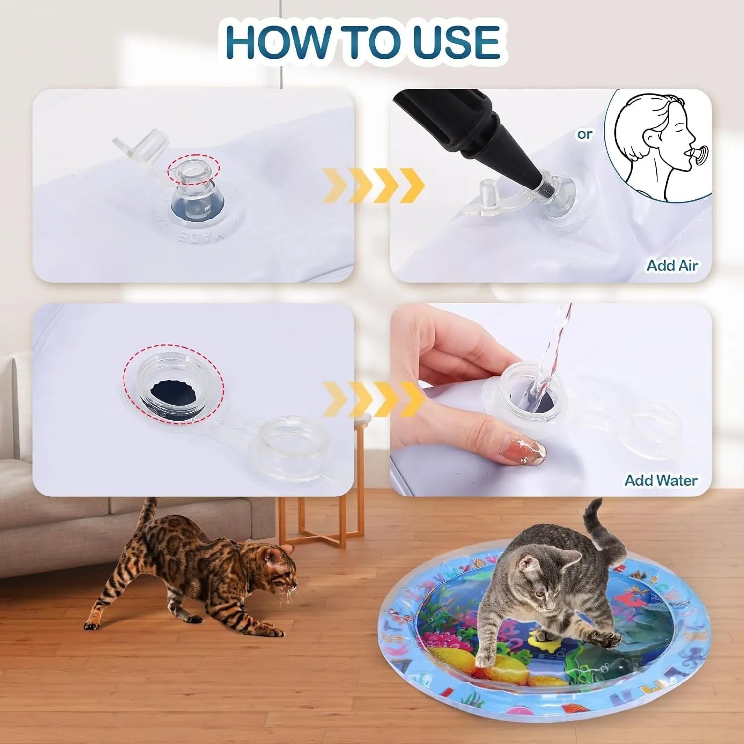 Thickened PVC water playmat for cats with ocean fish design and floating toys on a blue surface.