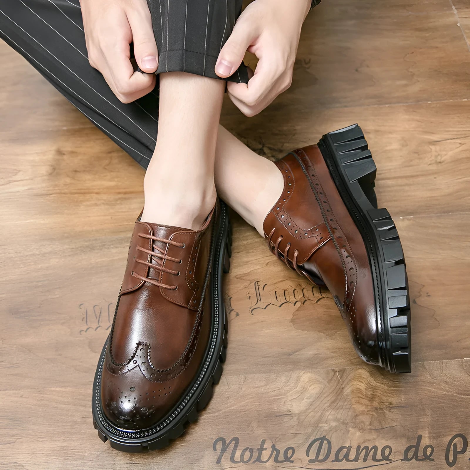 Men's black brogue shoes with round toe design and artificial PU upper
