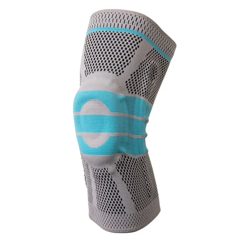 Sky blue silicone running basketball knee pads with elastic fibre construction in S, M, L, XL sizes