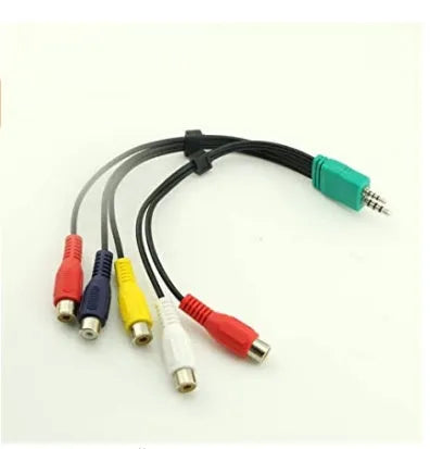 Black AV to 5RCA cable with 2.5mm and 3.5mm plugs and 5RCA connectors, tinned copper wire, 18cm length