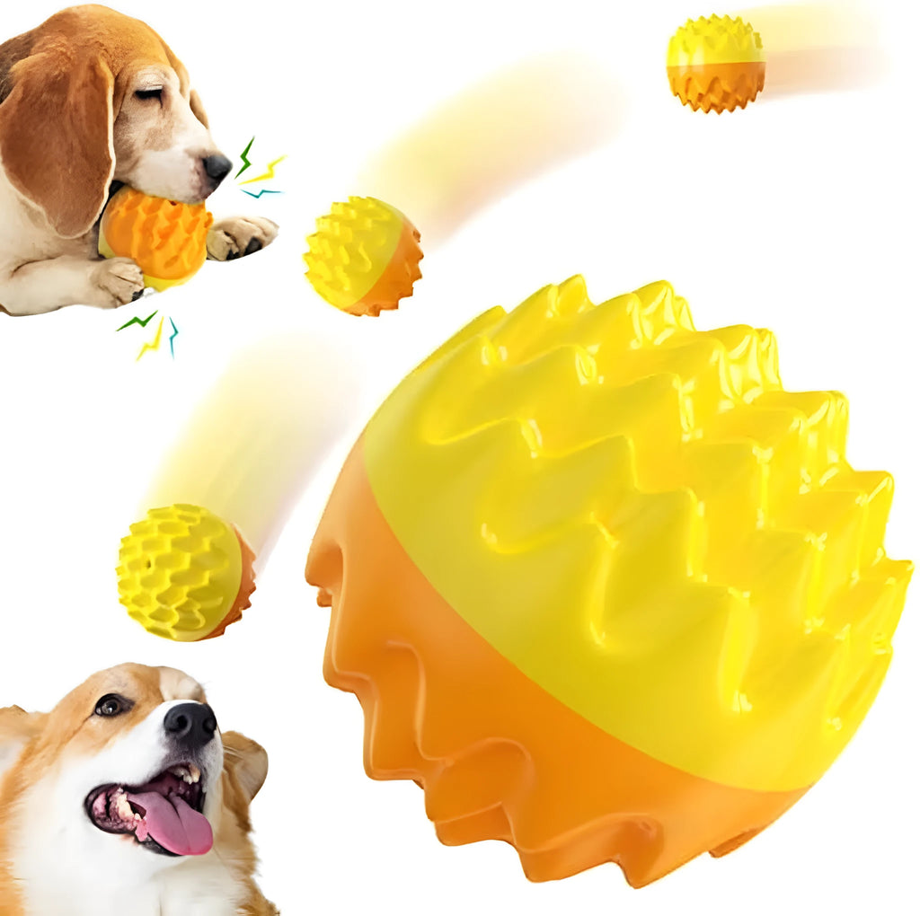 Blue and orange durable rubber squeaky dog ball with texture bumps for dental cleaning.