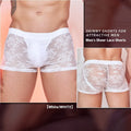 Nylon lace men's boxers in black, displayed flat to show elasticated waistband and lace fabric texture.