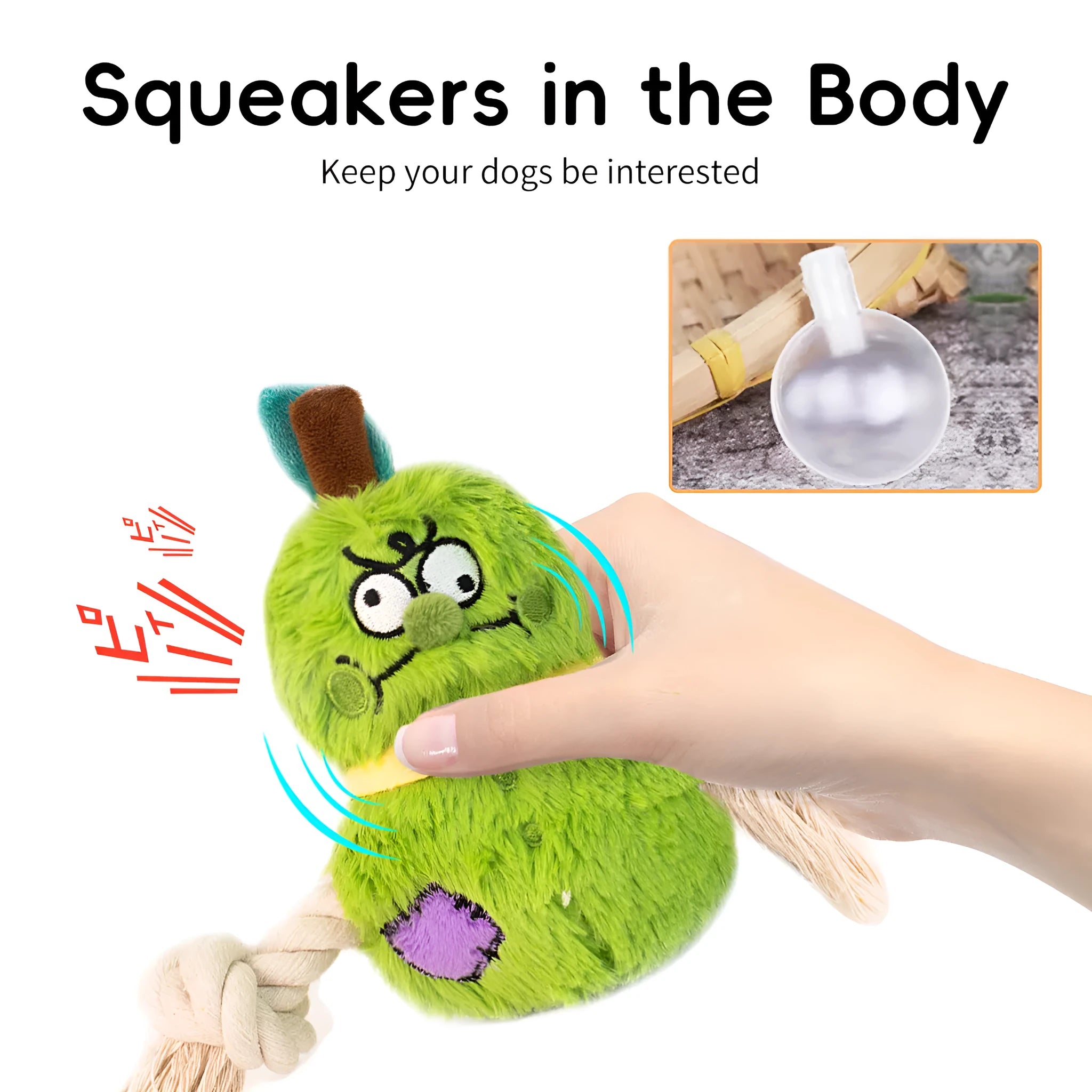 Green and purple interactive dog toy with plush centre and knotted rope tug-of-war arms
