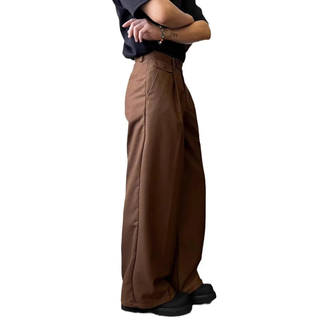 Men's straight-leg loose wide-leg trousers in chemical fibre blend fabric available in brown or black