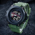 Fashion electronic watch with LED digital display showing ten different colour variations on wrist
