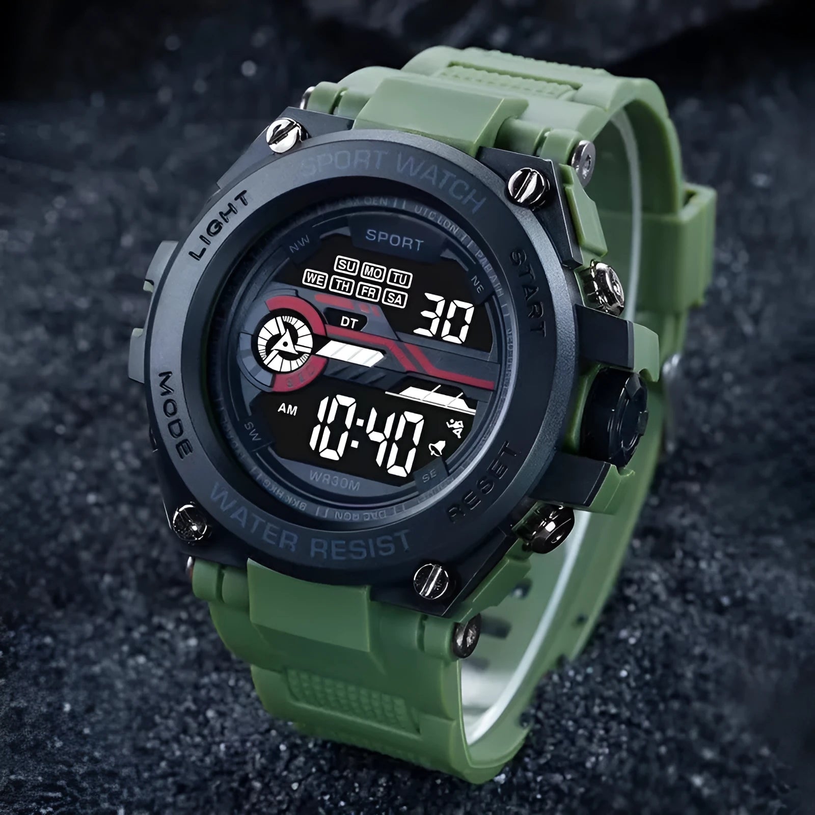 Fashion electronic watch with LED digital display showing ten different colour variations on wrist