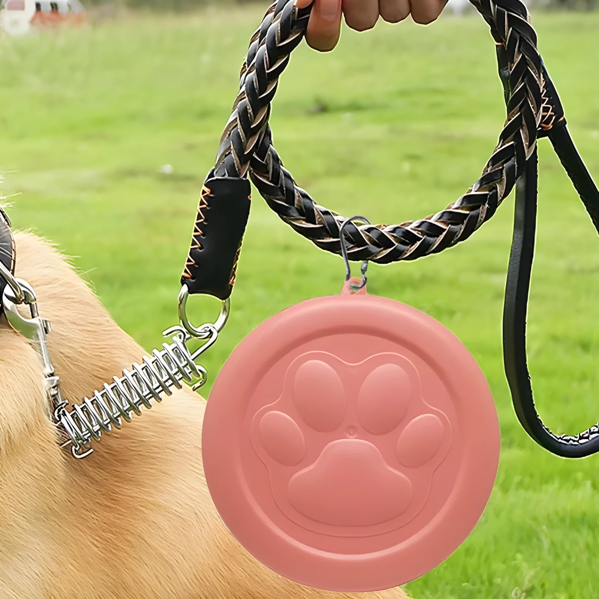 Portable outdoor dog food and water bowl with attached snack box in light pink and green colours.