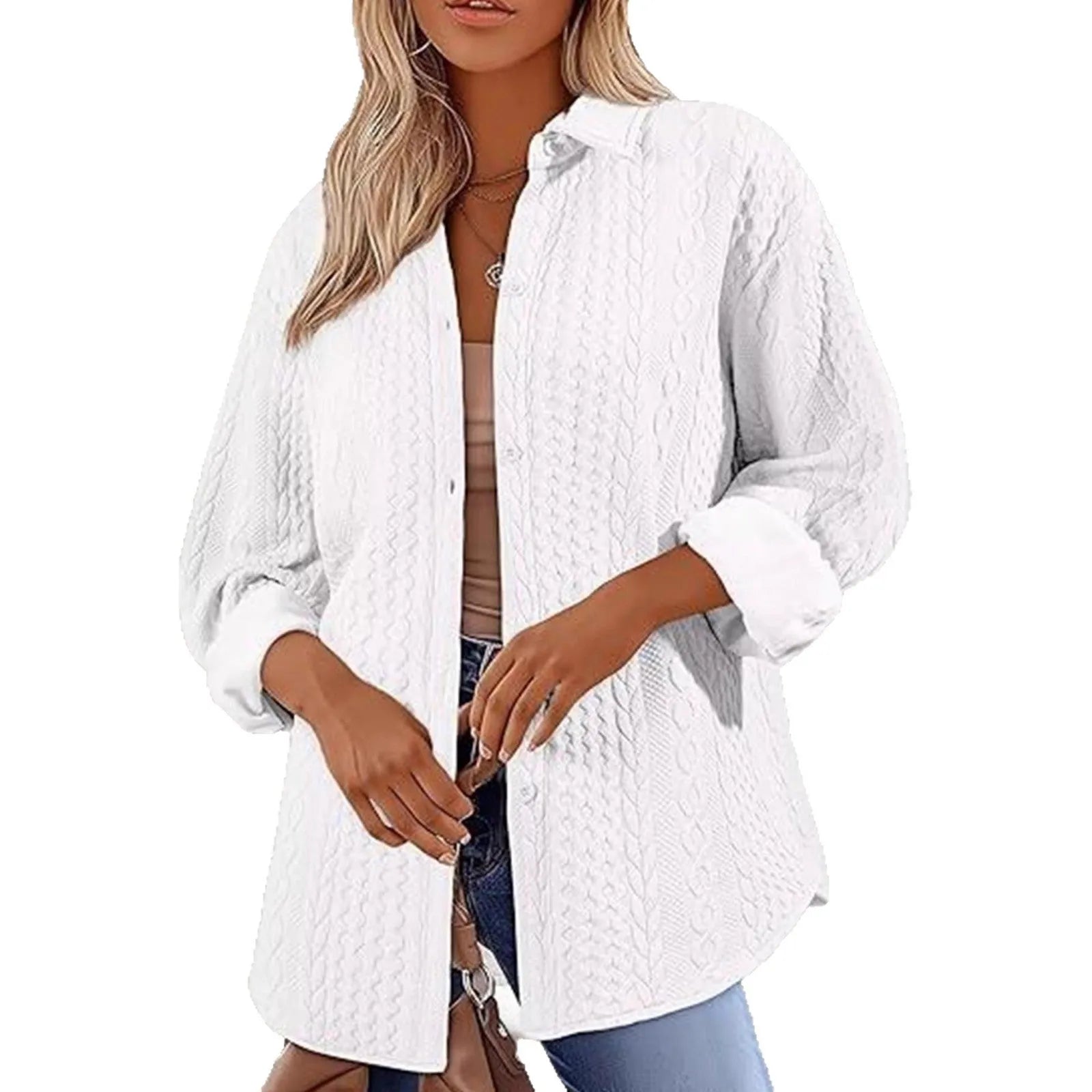 Women's solid colour long-sleeved knitted cardigan sweater in black, shown in a cardigan style.