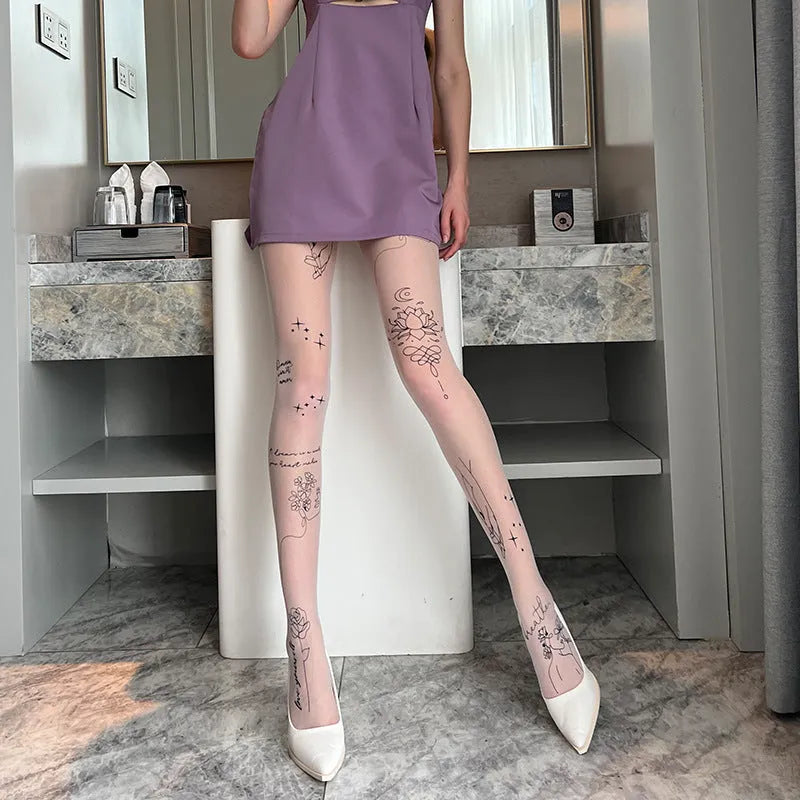 Sheer black jacquard pantyhose with anti-snag fabric, shown on a leg