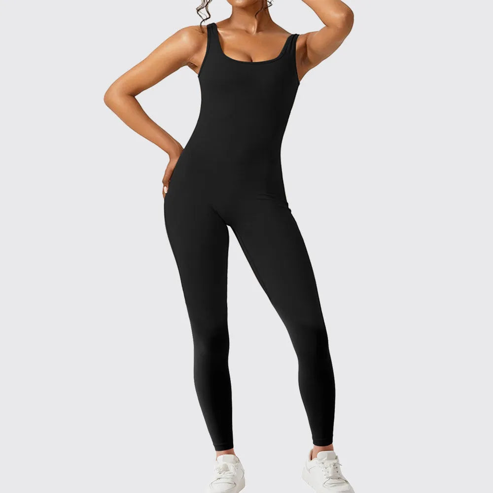 Women's sleeveless flare jumpsuit long pants in Army Green colour for yoga fitness.