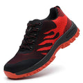 Red summer safety shoes with steel toe cap and breathable mesh upper on an anti-slip sole