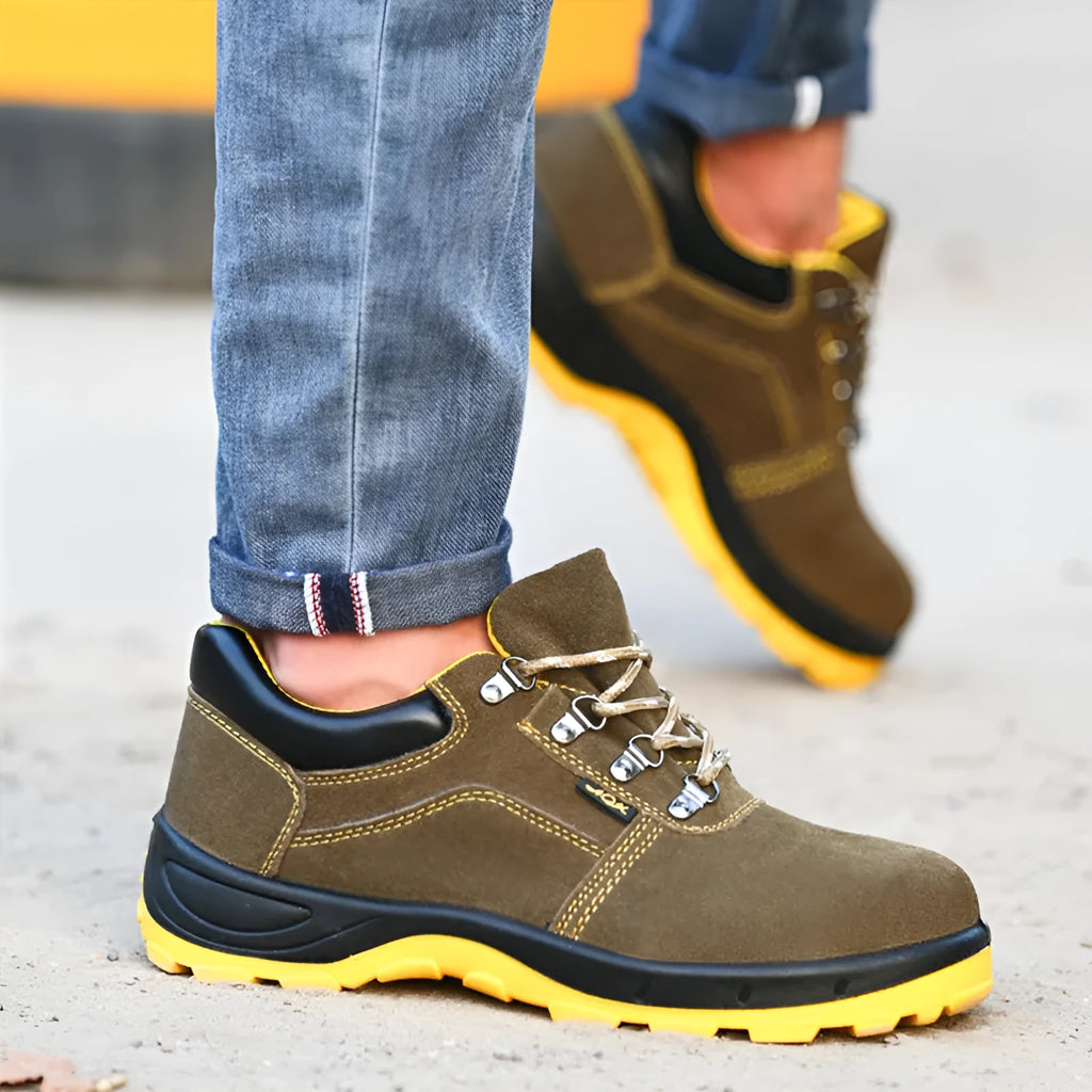 Bronze cowhide leather steel toe safety shoes with anti-skid sole shown in low cut design