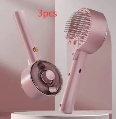 Ceramic white pet grooming brush with UVC blue light, mist spray nozzle, and fine needles for removing dog and cat hair.