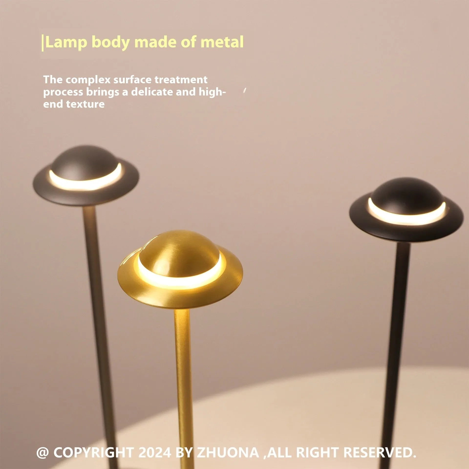 UFO-shaped metal table lamp with touch controls in black, gold, or grey colour options