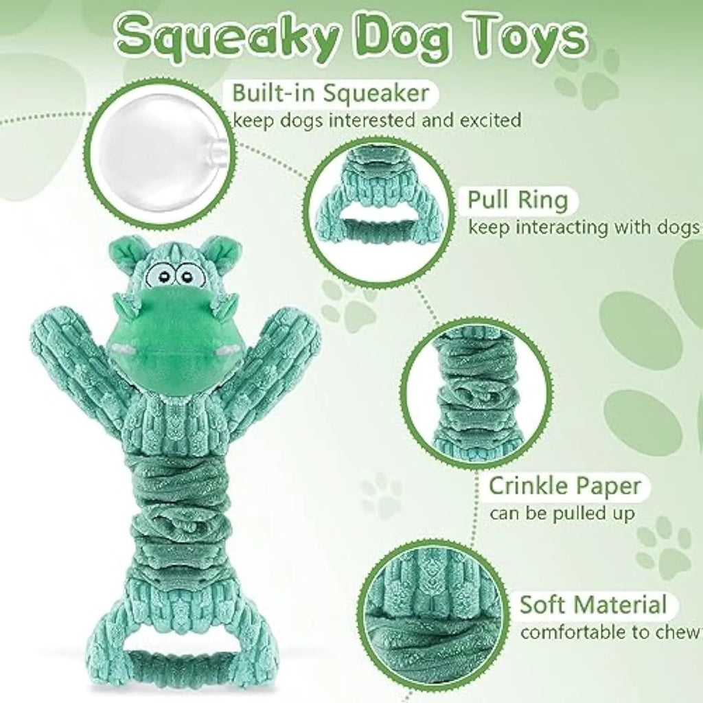 Large blue Hippo-shaped plush dog toy with a handle, shown next to a brown Monkey version.