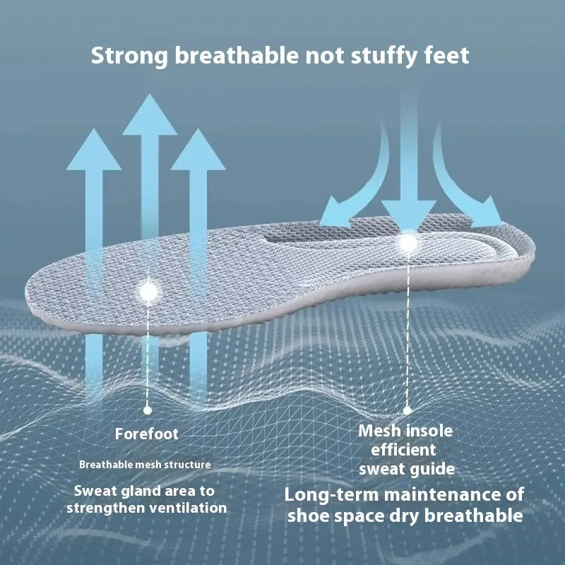A pair of grey breathable PU sports insoles on a white background, showing a textured surface.