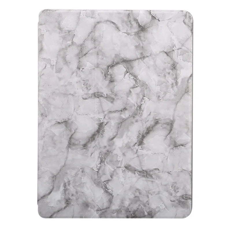 Tri-fold marbling imitation leather iPad case with a stylus pen slot in dark grey