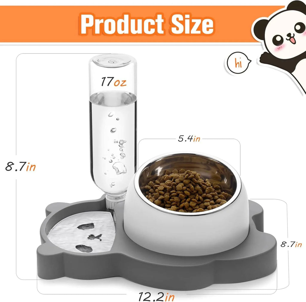 Panda-shaped pet feeder with tilted raised bowls and automatic water dispenser bottle