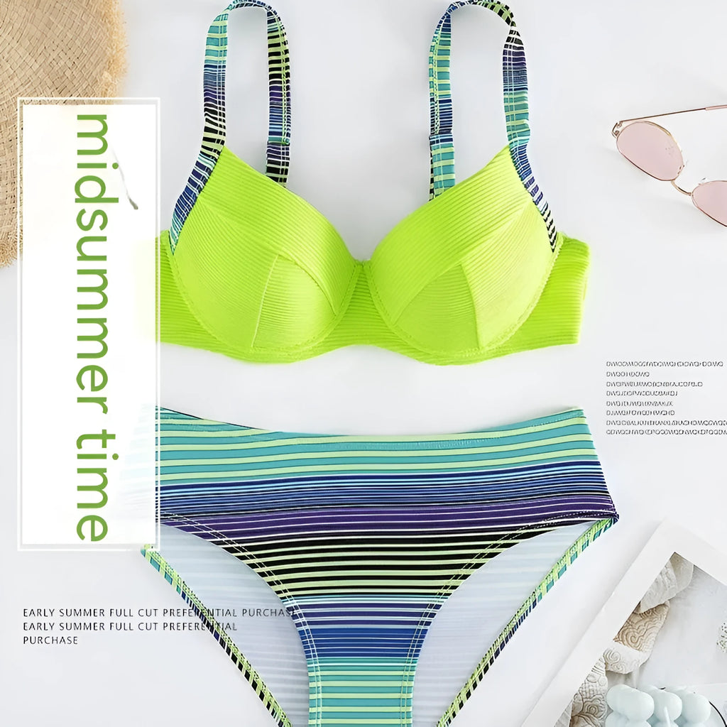 Green printed halter bikini set with split-style briefs for women