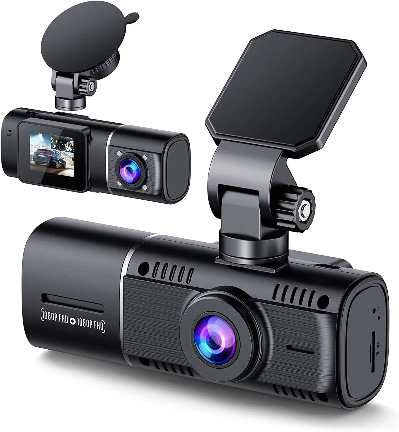 Black dashcam car camera with wide-angle lens, 1.5-inch screen, and mounting stand