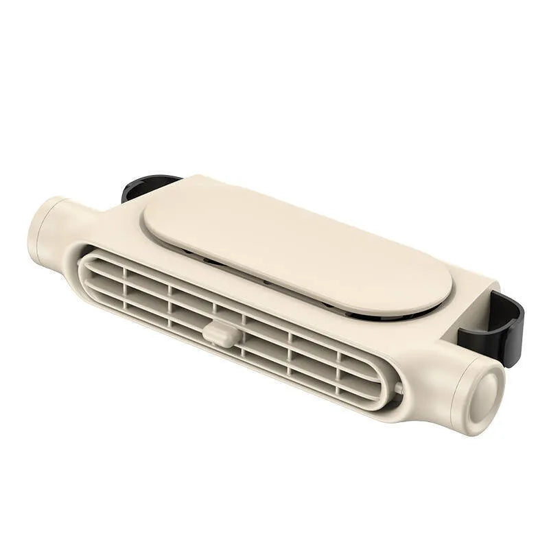USB car seat fan with no blades, showing Velcro strap and control button, in beige colour.