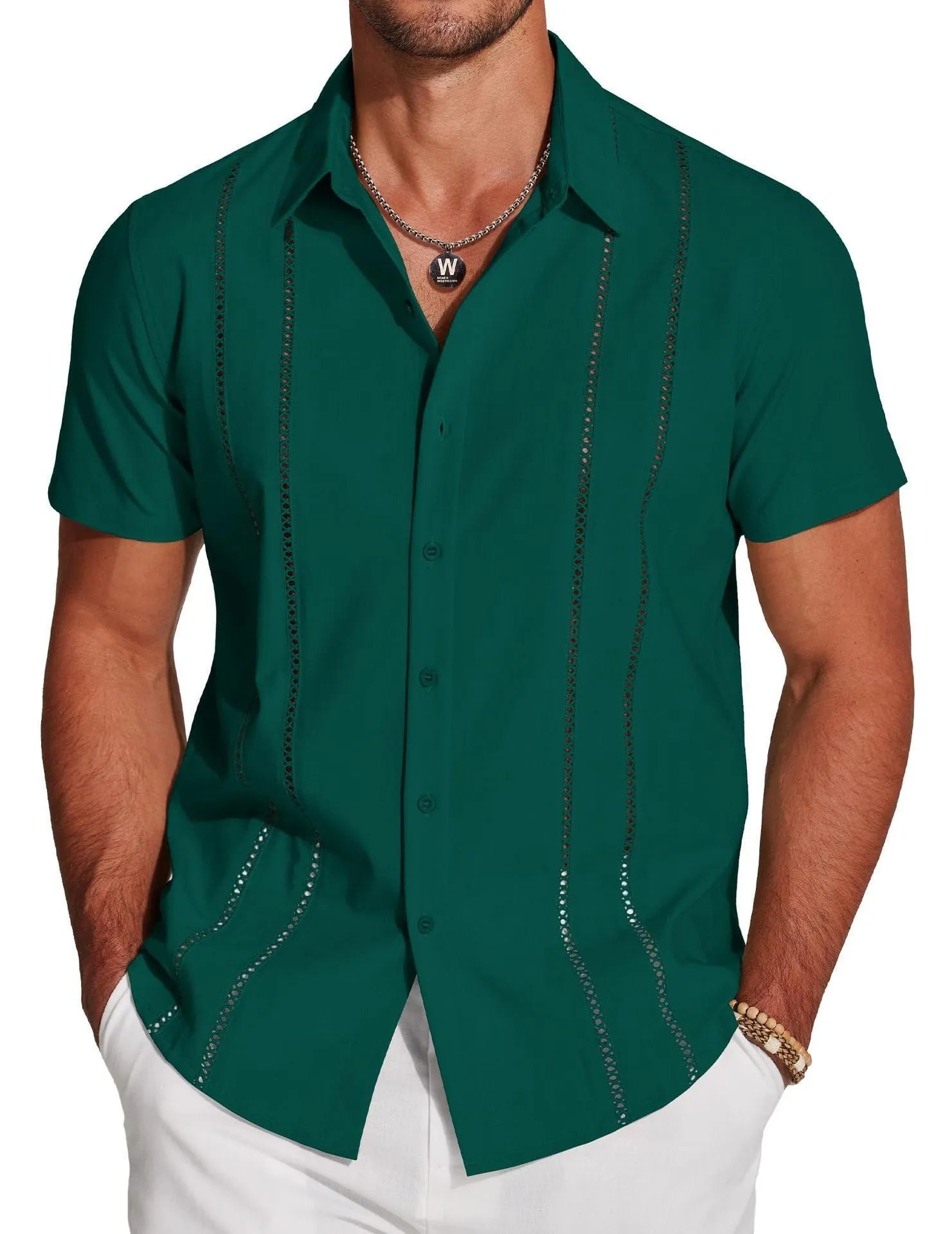 Men's slim fit short sleeve Hawaiian shirt with digital print pattern in elastic polyester fabric