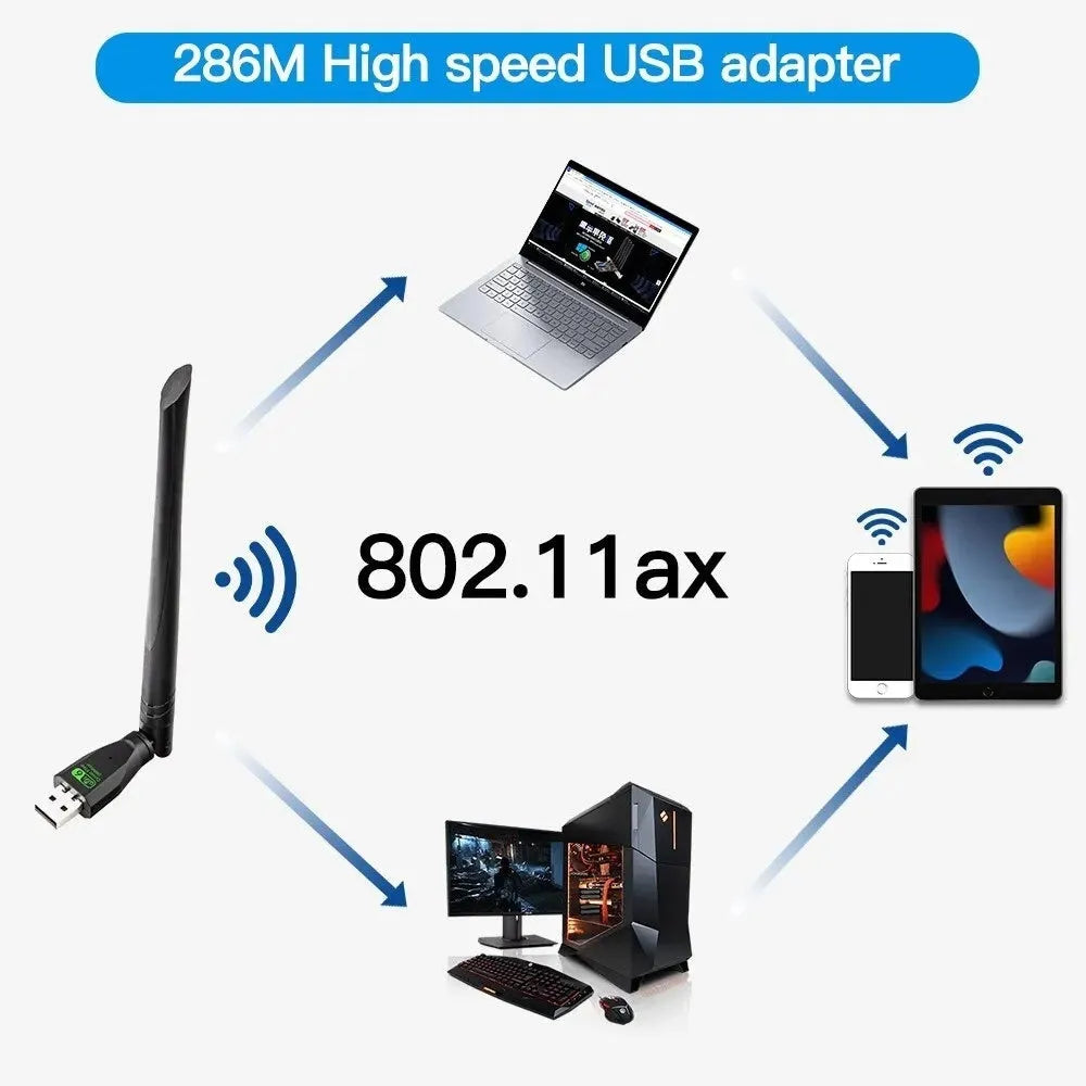 Black USB WiFi 6 wireless network adapter with driver-free installation for computers.