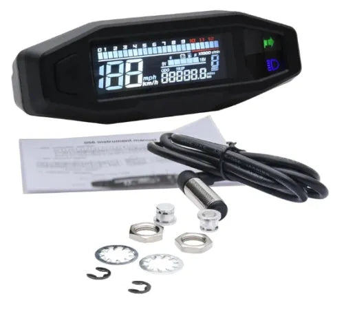 Black motorcycle mini speedometer LCD display with digital readouts for speed, RPM, and fuel level.